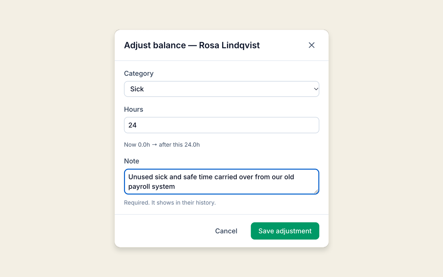 Adjusting a server's paid sick leave balance in Mays: hours added to the Sick category with a note that they are unused sick and safe time carried over from an old payroll system, and the balance before and after