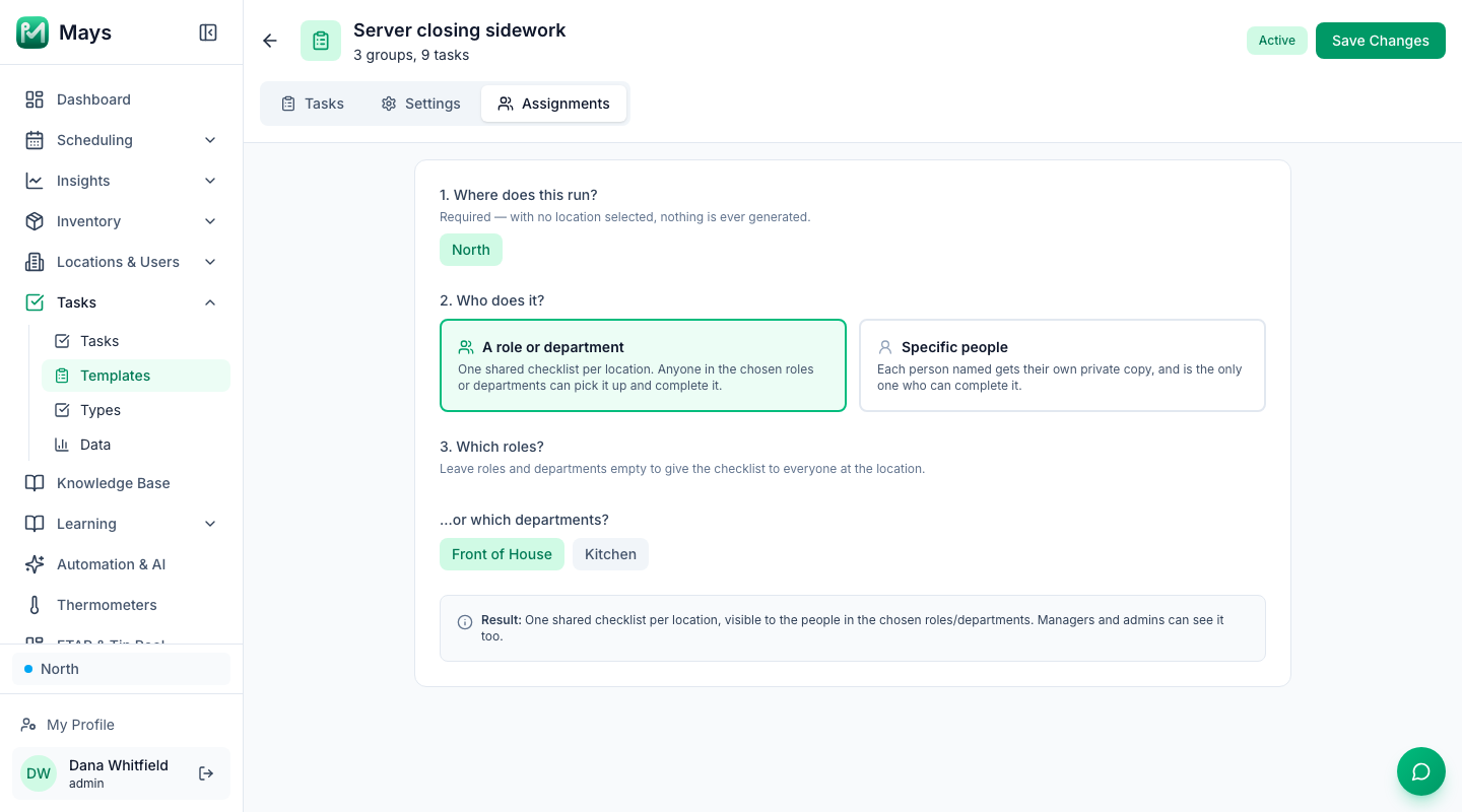The Assignments tab of the Server closing sidework template in Mays: it runs at the North location as one shared checklist for the Front of House department
