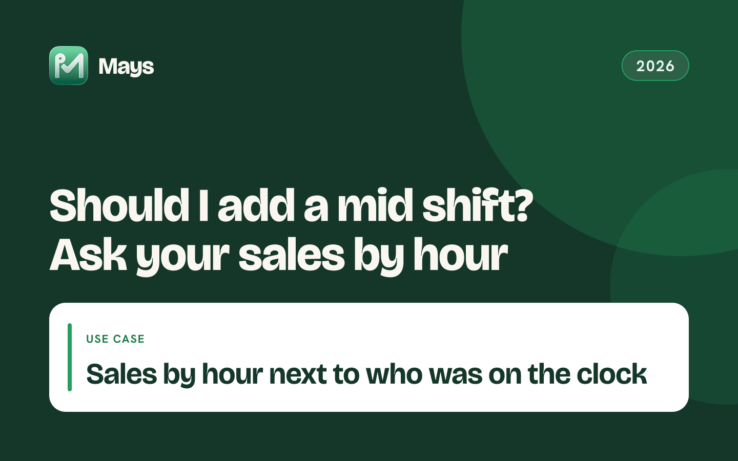 Mays cover card: Should I add a mid shift? Ask your sales by hour — Sales by hour next to who was on the clock
