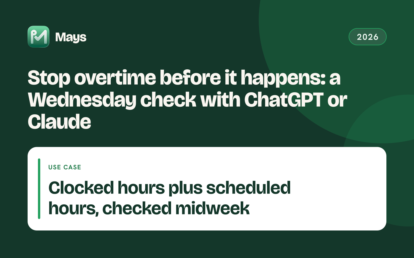 Mays cover card: Stop overtime before it happens: a Wednesday check with ChatGPT or Claude — Clocked hours plus scheduled hours, checked midweek