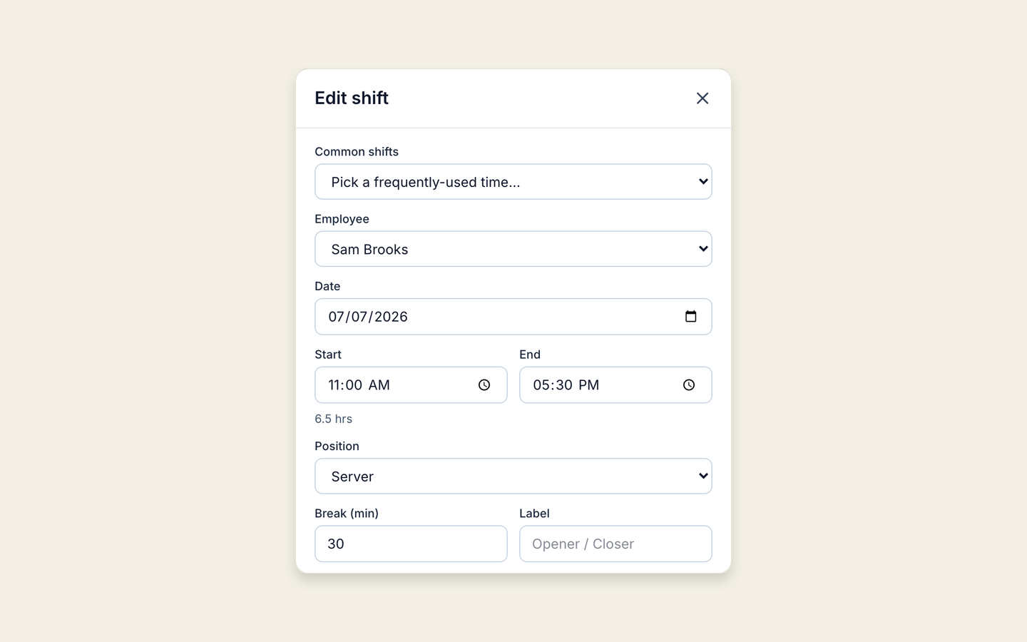 A server's shift open in the Mays shift editor for July 7, 2026: a six-and-a-half-hour afternoon shift with a 30-minute break