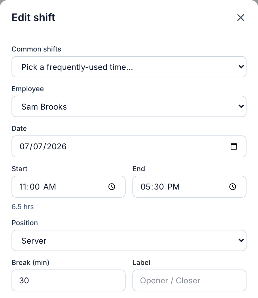 A server's shift open in the Mays shift editor for July 7, 2026: a six-and-a-half-hour afternoon shift with a 30-minute break