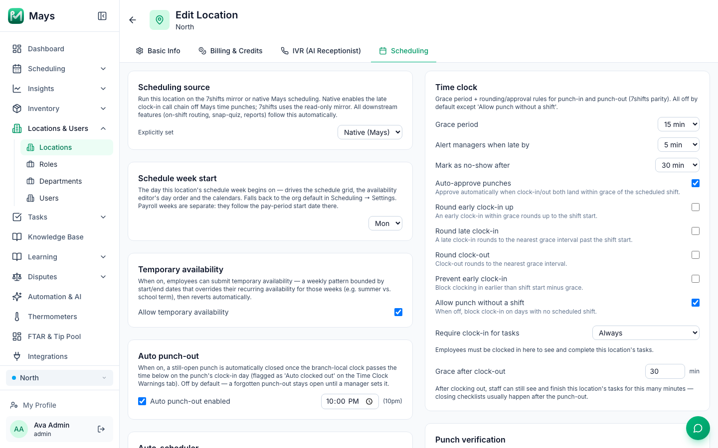 A location's time clock settings in Mays, with a 15-minute grace period, late and no-show alerts, auto-approval, the rounding options switched off, and an automatic punch-out at 10 pm