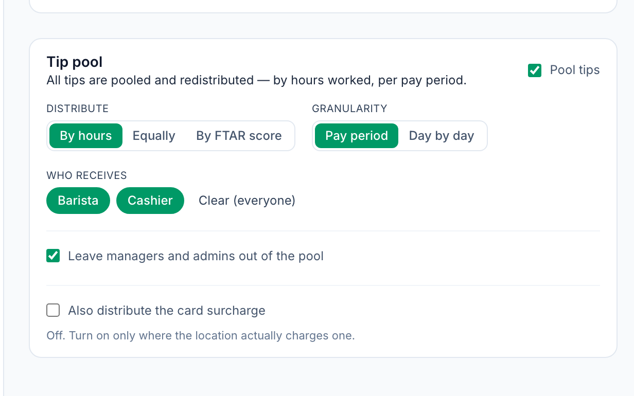 The tip pool settings for a location in Mays, splitting by hours worked per pay period between baristas and cashiers, with "Leave managers and admins out of the pool" turned on