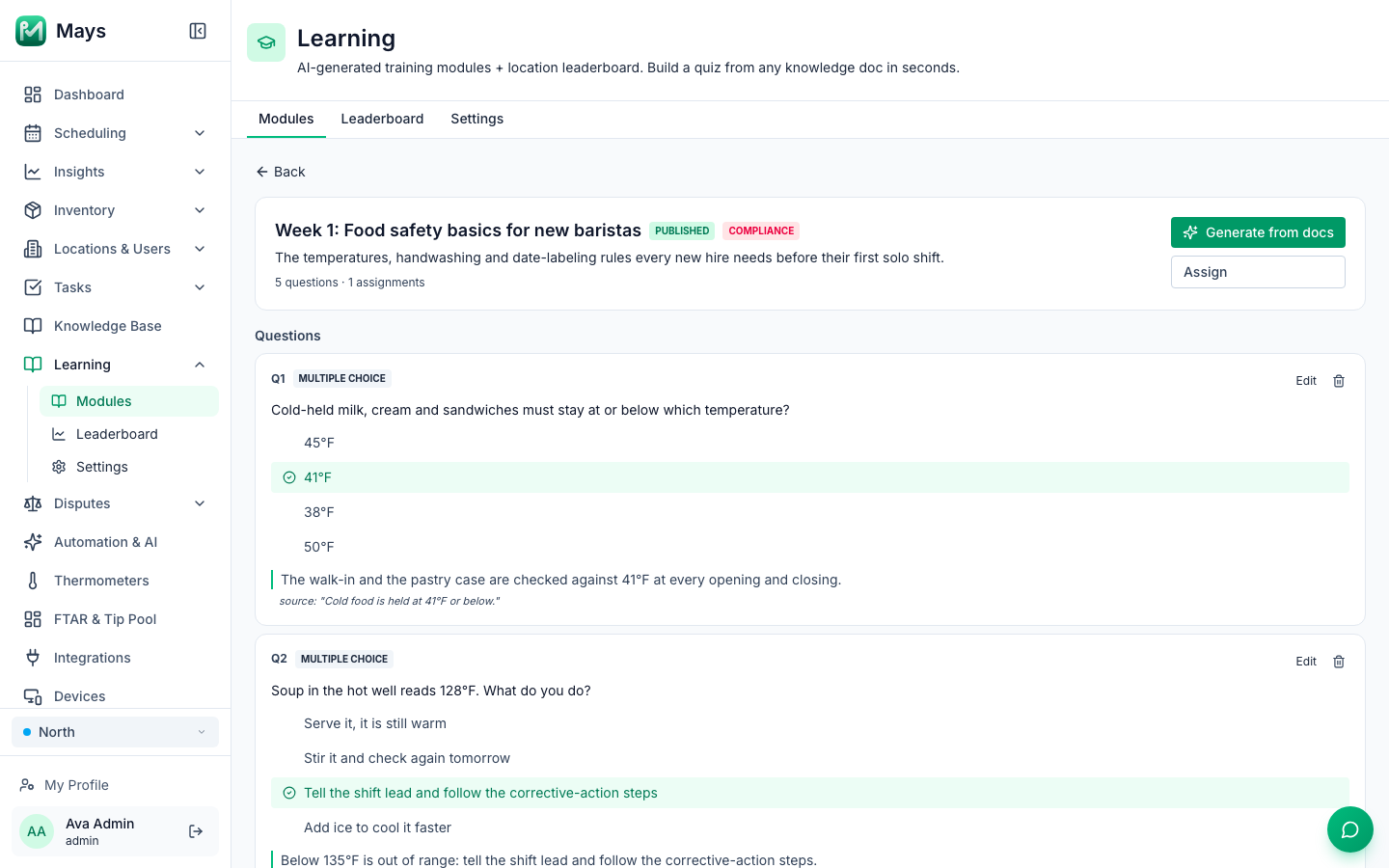 A published, compliance-flagged training module in Mays, "Week 1: Food safety basics for new baristas", with its first two quiz questions, the correct answers highlighted and a short explanation under each