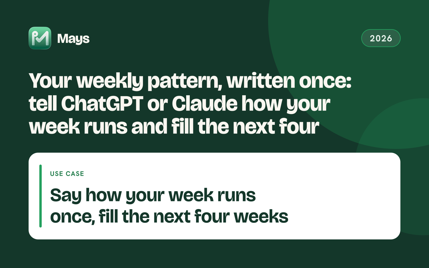 Mays cover card: Your weekly pattern, written once: tell ChatGPT or Claude how your week runs and fill the next four — Say how your week runs once, fill the next four weeks