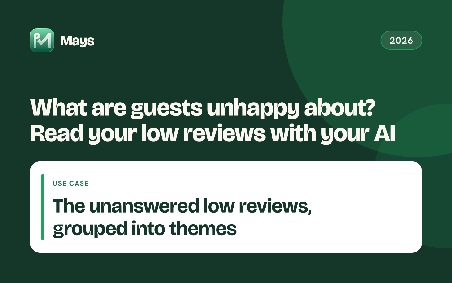 Mays cover card: What are guests unhappy about? Read your low reviews with your AI — The unanswered low reviews, grouped into themes