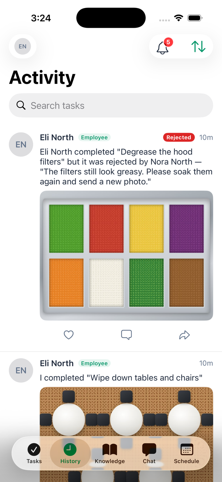 The Activity feed in the iPhone app: a rejected task with a red Rejected label and the manager's reason, followed by completed tasks with photos, each with like, comment and share buttons