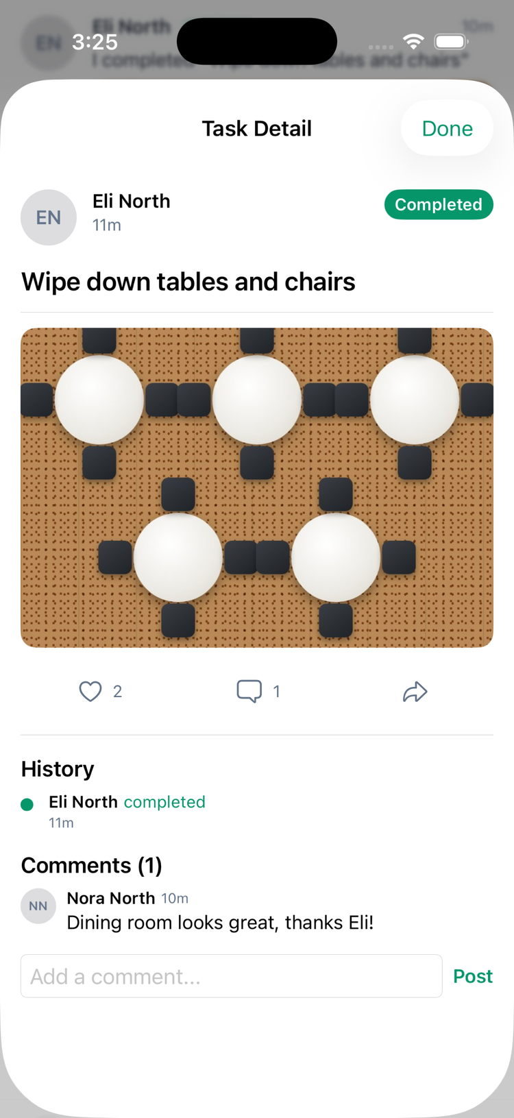 A task opened from the Activity feed: the photo, 2 likes and 1 comment, the History showing it was completed, and a comment from the manager with the Add a comment box and Post button