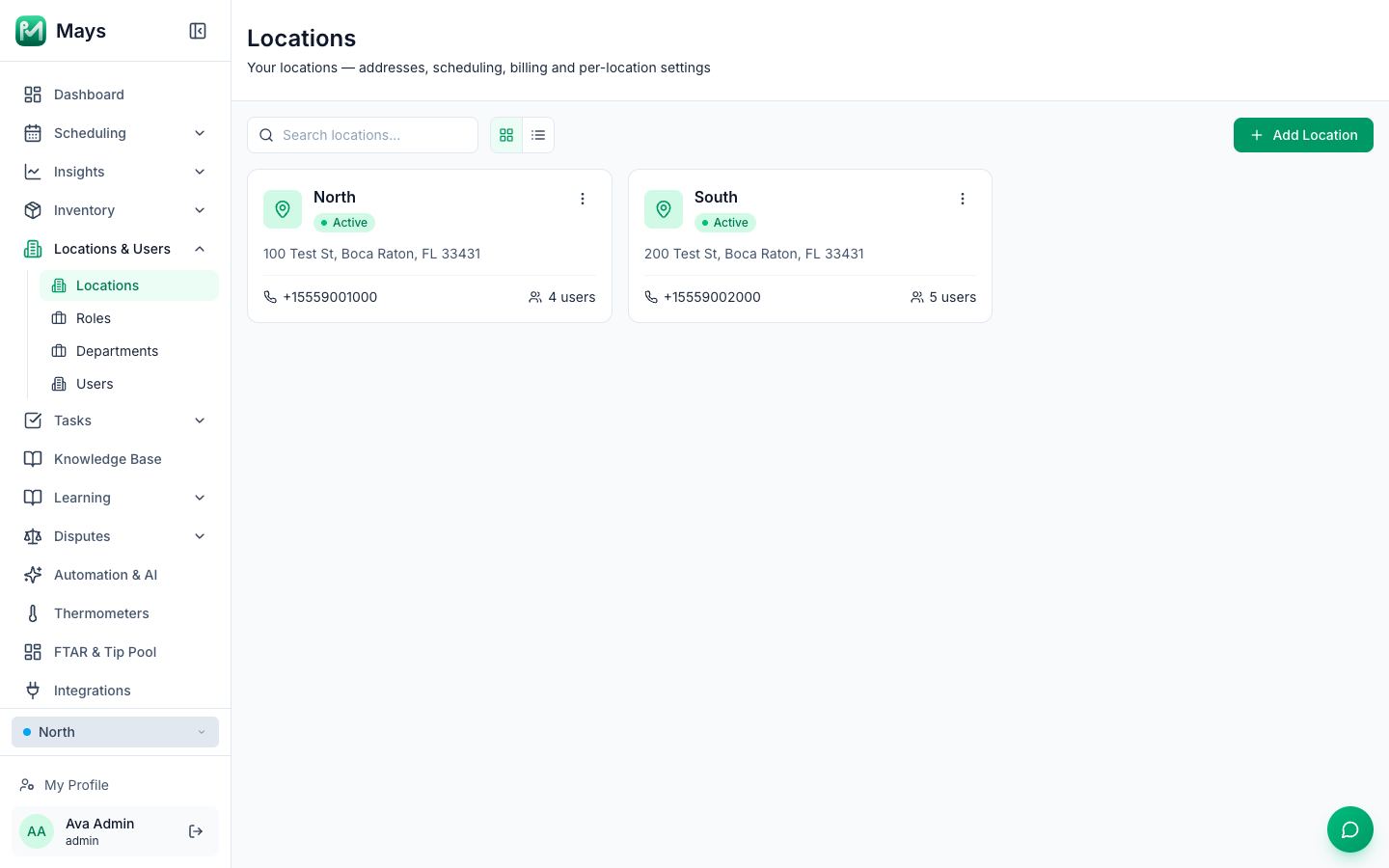 The Locations page listing the North and South locations as cards with address, phone and number of users, and the Add Location button at the top right