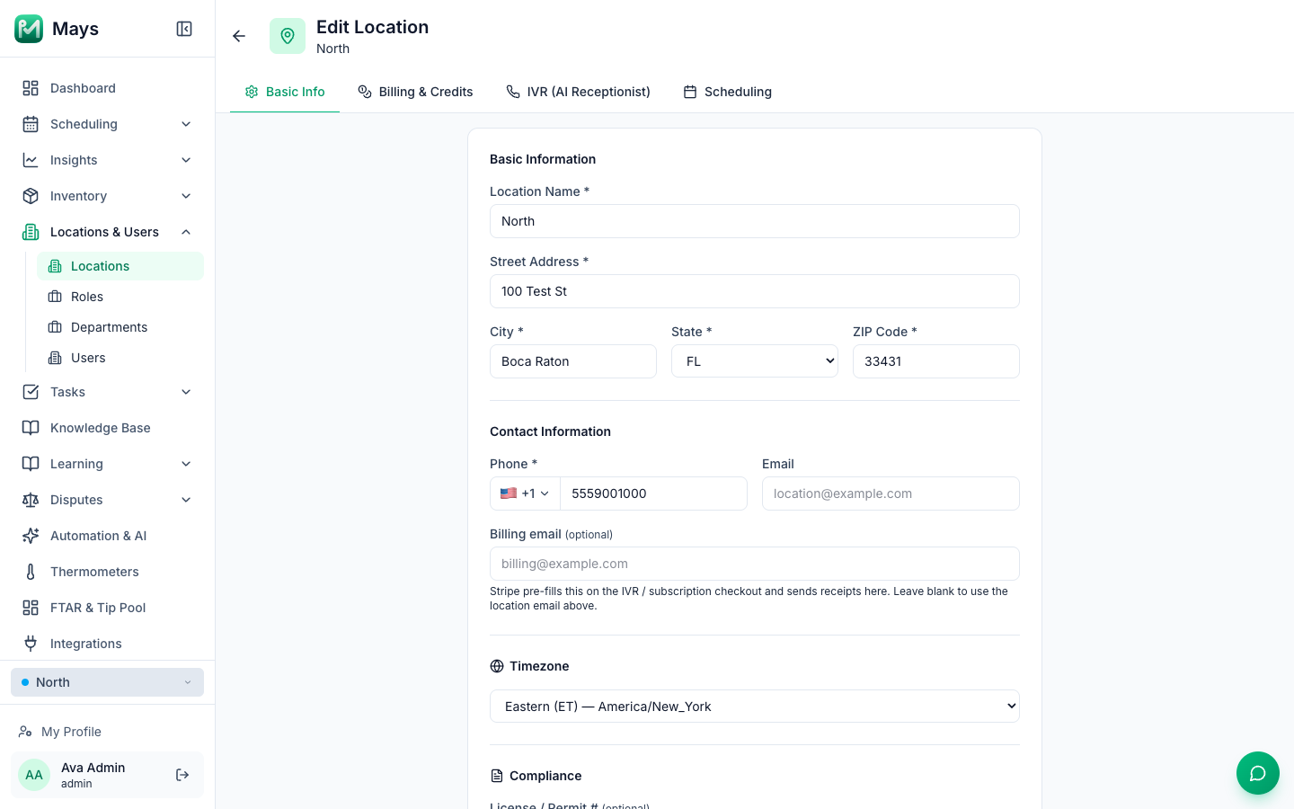 The Edit Location page for the North location with the Basic Info, Billing & Credits, IVR (AI Receptionist) and Scheduling tabs, and the Basic Information and Contact Information fields