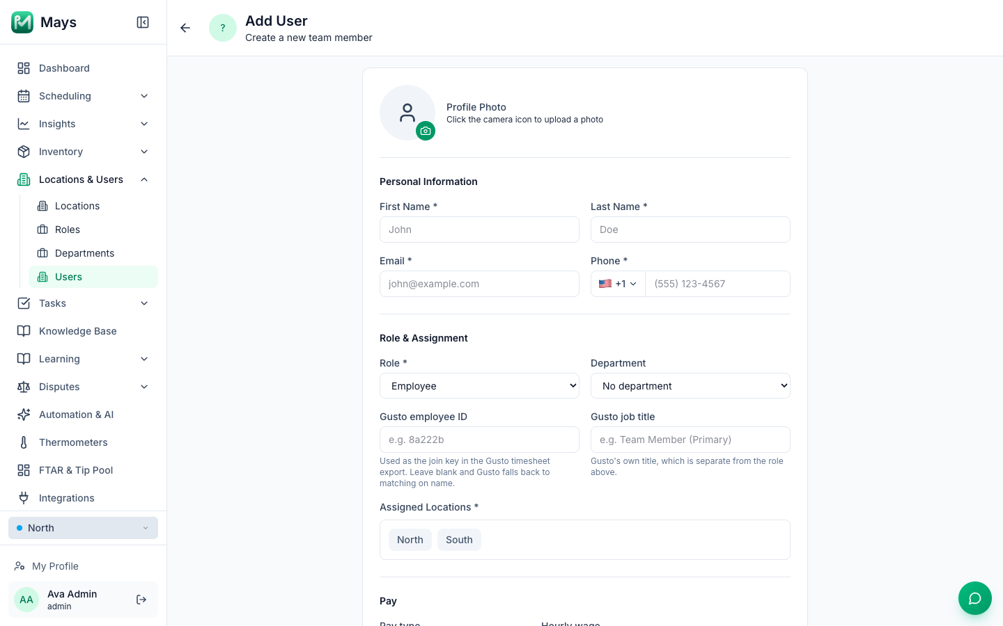 The Add User form: Profile Photo, Personal Information with First Name, Last Name, Email and Phone, and Role & Assignment with Role, Department and Assigned Locations