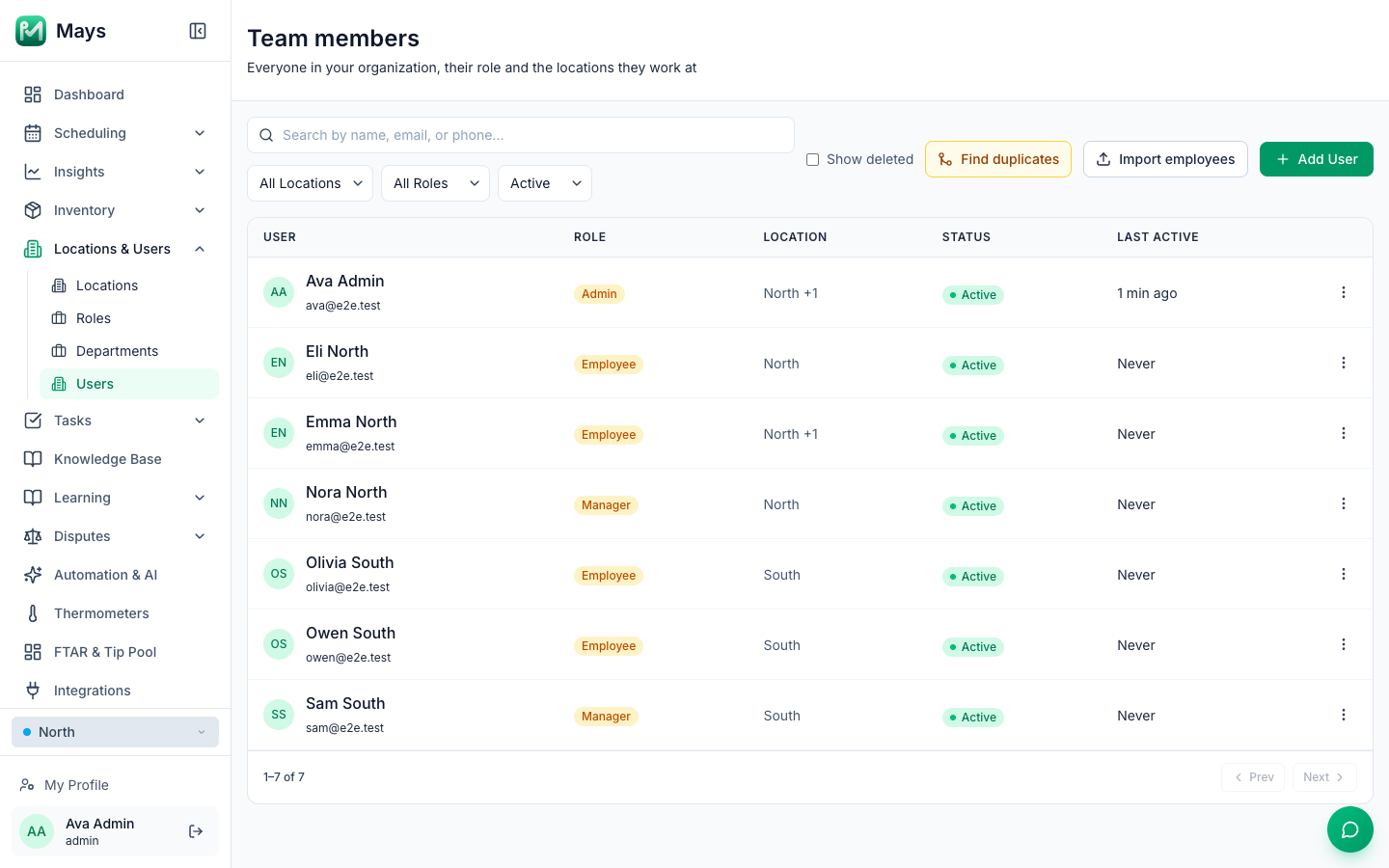 The Team members list with search, location, role and status filters, the Find duplicates, Import employees and Add User buttons, and each person's role, location, status and last activity