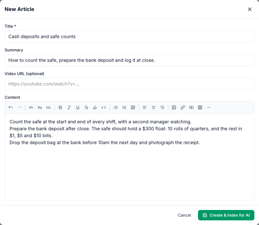 The New Article window in the web knowledge base: Title Cash deposits and safe counts, a Summary, an empty Video URL, the article text about counting the safe and preparing the bank deposit, and the Create & Index for AI button