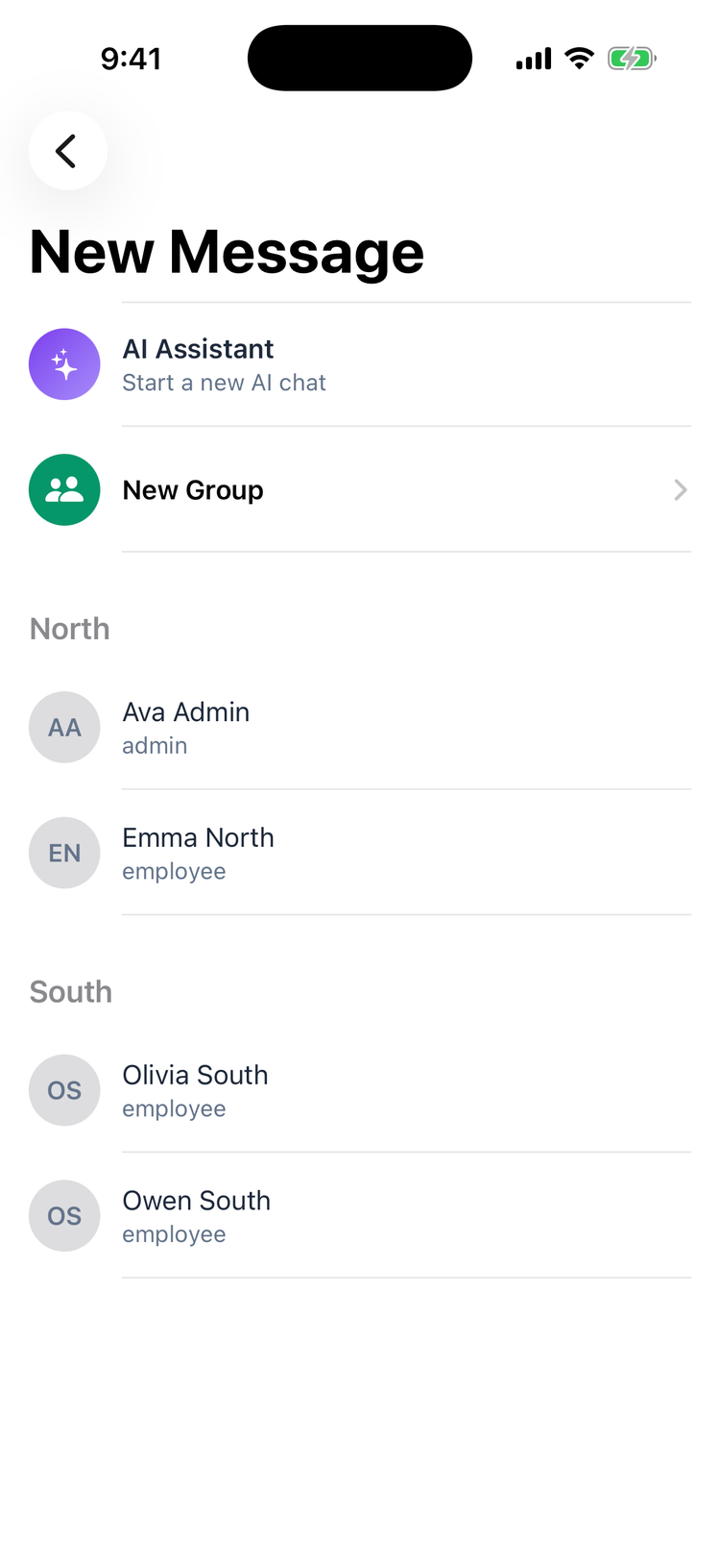 The New Message screen on iPhone with AI Assistant — Start a new AI chat at the top, then New Group, then the team listed under North and South