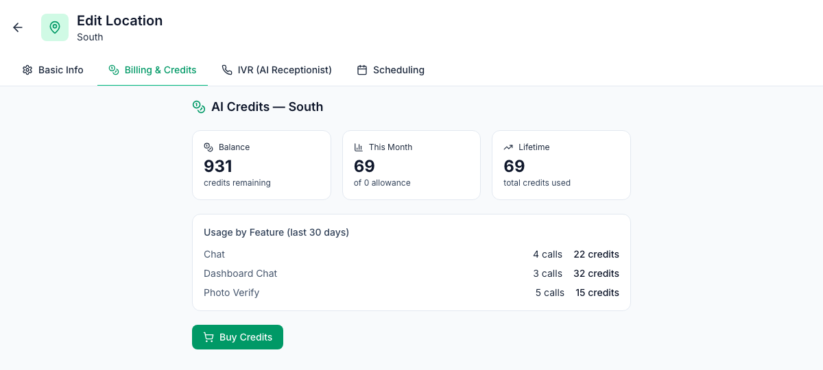 The South location's Billing & Credits tab: AI Credits — South, a balance of 931 credits remaining, This Month 69 of 0 allowance, Lifetime 69, Usage by Feature with Chat 22 credits, Dashboard Chat 32 credits and Photo Verify 15 credits, and the Buy Credits button