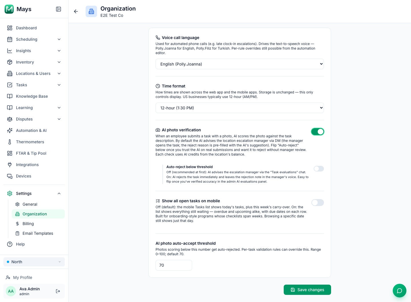 The Organization settings page with AI photo verification switched on, the Auto-reject below threshold switch off underneath it, and the AI photo auto-accept threshold set to 70