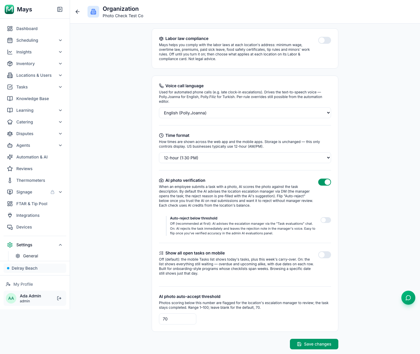 The Organization settings page with AI photo verification switched on, the Auto-reject below threshold switch off underneath it, and the AI photo auto-accept threshold set to 70 with the text saying photos below it are flagged for the escalation manager to review