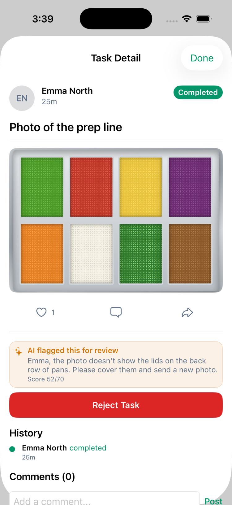 A completed photo task in the app as a manager sees it: the photo, an AI flagged this for review box with the note and Score 52/70, and the red Reject Task button