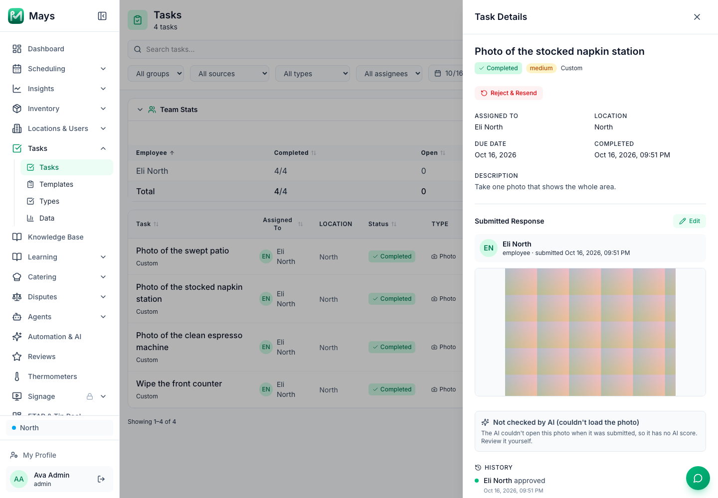 The web Task Details panel for a completed photo task with a grey Not checked by AI (couldn't load the photo) box under the photo, telling the manager to review it themselves