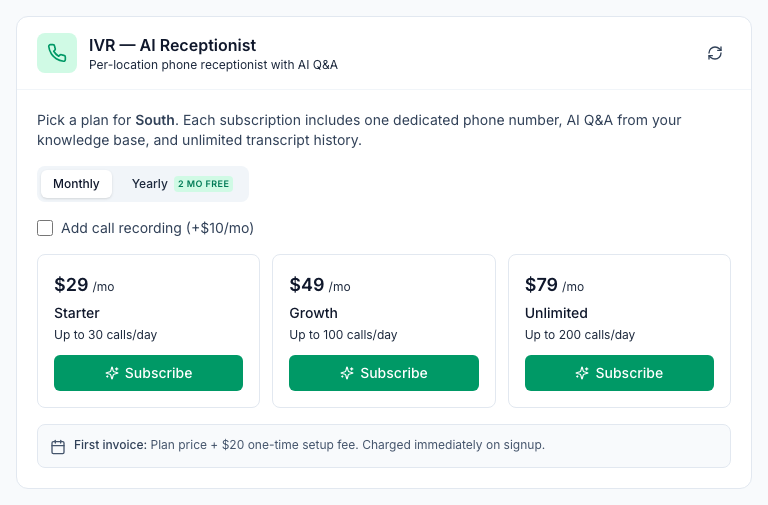 The IVR — AI Receptionist tab for the South location before subscribing: Monthly and Yearly (2 months free), Add call recording (+$10/mo), the Starter $29/mo (up to 30 calls/day), Growth $49/mo (up to 100 calls/day) and Unlimited $79/mo (up to 200 calls/day) plans with Subscribe buttons, and First invoice: plan price + $20 one-time setup fee