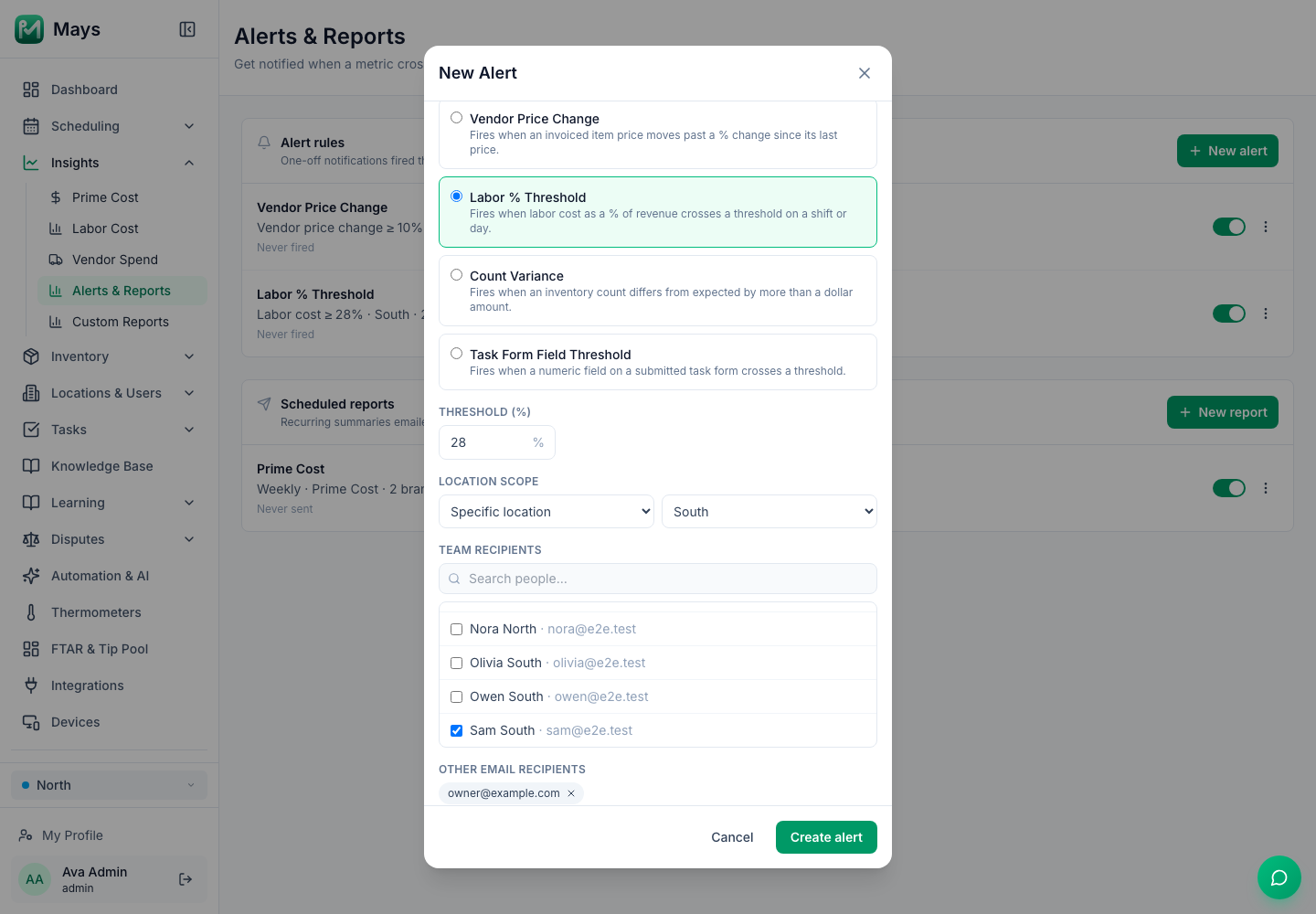 The New Alert window with Labor % Threshold picked from the four alert types (Vendor Price Change, Labor % Threshold, Count Variance, Task Form Field Threshold), Threshold 28%, Location scope Specific location South, Sam South ticked under Team recipients and owner@example.com under Other email recipients, with the Create alert button
