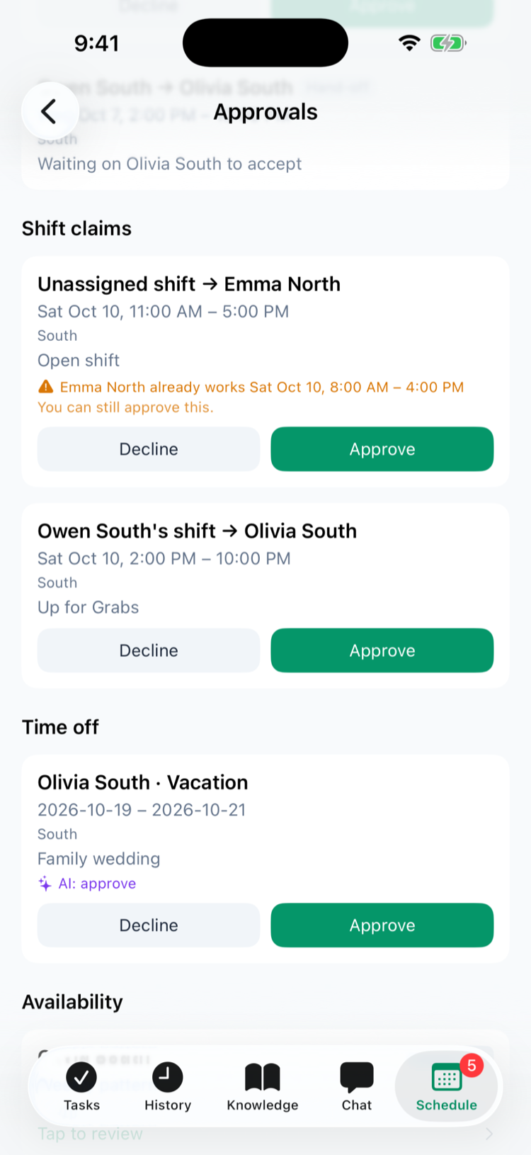 Approvals in the iPhone app: Shift claims for Emma North with an overlap warning and for Olivia South, each with Decline and Approve, then Time off for Olivia South · Vacation, 2026-10-19 – 2026-10-21, Family wedding, AI: approve, and the start of Availability