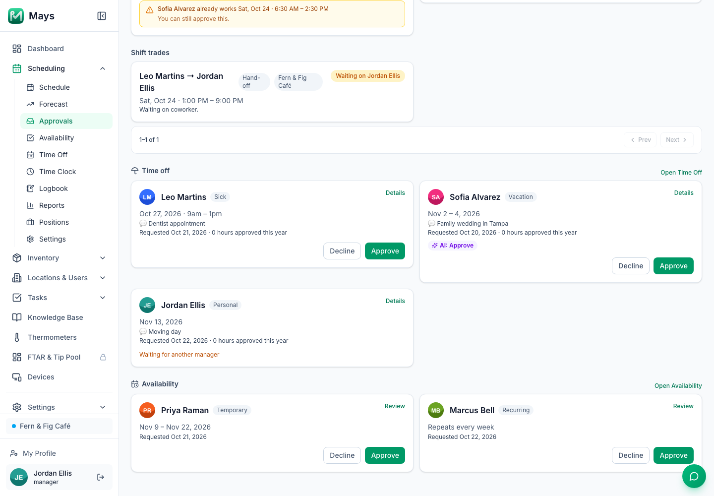 The Time off and Availability sections of the web Approval Inbox: Leo Martins · Sick, Oct 27, 2026 · 9am – 1pm, Dentist appointment, with Decline and Approve; Sofia Alvarez · Vacation, Nov 2 – 4, 2026, Family wedding in Tampa, AI: Approve; Jordan Ellis · Personal, Nov 13, 2026, Waiting for another manager; then Priya Raman · Temporary, Nov 9 – Nov 22, 2026 and Marcus Bell · Recurring, Repeats every week, each with Review, Decline and Approve