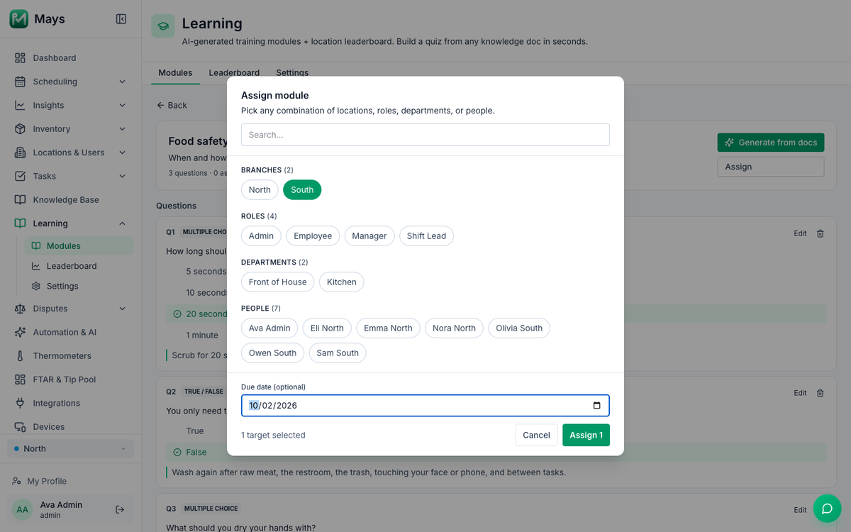 The Assign module window with the location South selected, the roles Admin, Employee, Manager and Shift Lead, the departments Front of House and Kitchen, seven people, a due date of 10/02/2026, 1 target selected and the Assign 1 button