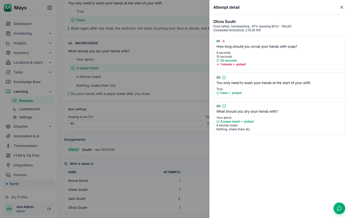 The Attempt detail panel for Olivia South: Food safety: handwashing, 67% (passing 80%), FAILED, completed 9/24/2026 2:15 PM; Q1 answered 1 minute instead of 20 seconds, Q2 and Q3 correct