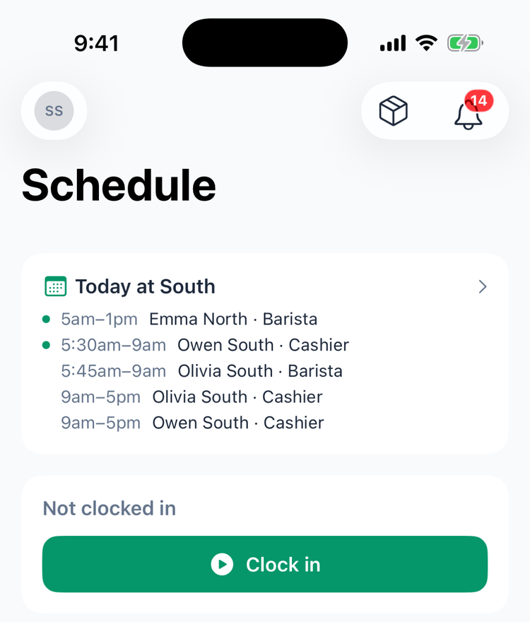 The Today at South card in the app: 5am–1pm Emma North · Barista and 5:30am–9am Owen South · Cashier with green dots, then 5:45am–9am Olivia South · Barista and two 9am–5pm shifts