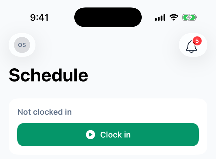 The Schedule tab in the app before a shift: Not clocked in with a green Clock in button, above the Open shifts, Shift offers, Time off, Availability, My Hours and Team schedule cards