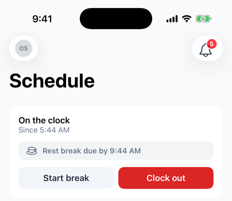 The clock-in card while working: On the clock, Since 5:44 AM, the line Rest break due by 9:44 AM, and the Start break and red Clock out buttons