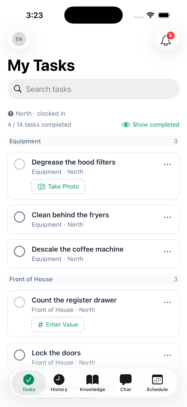 My Tasks in the iPhone app: North · clocked in, 4 / 14 tasks completed, Show completed, and tasks grouped under Equipment and Front of House with Take Photo and Enter Value buttons
