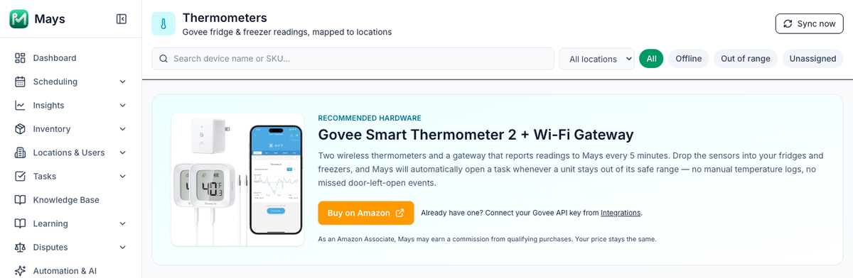 The Thermometers page before anything is connected: the recommended Govee Smart Thermometer 2 and Wi-Fi Gateway, Buy on Amazon, and Already have one? Connect your Govee API key from Integrations
