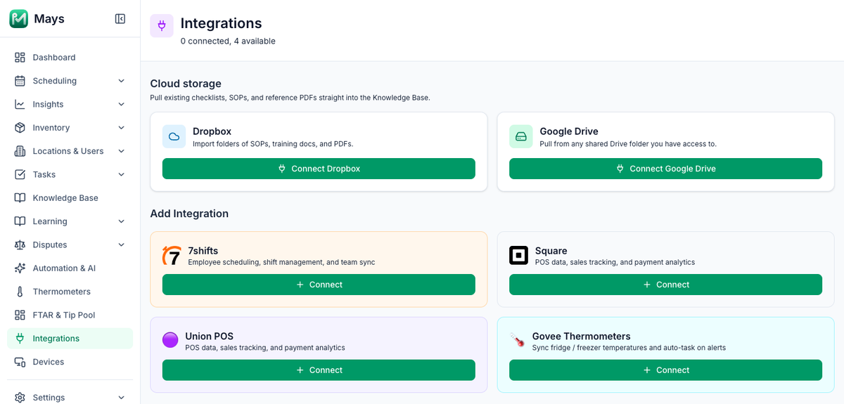 The Integrations page with Dropbox and Google Drive under Cloud storage and, under Add Integration, 7shifts, Square, Union POS and Govee Thermometers, Sync fridge / freezer temperatures and auto-task on alerts, each with a Connect button