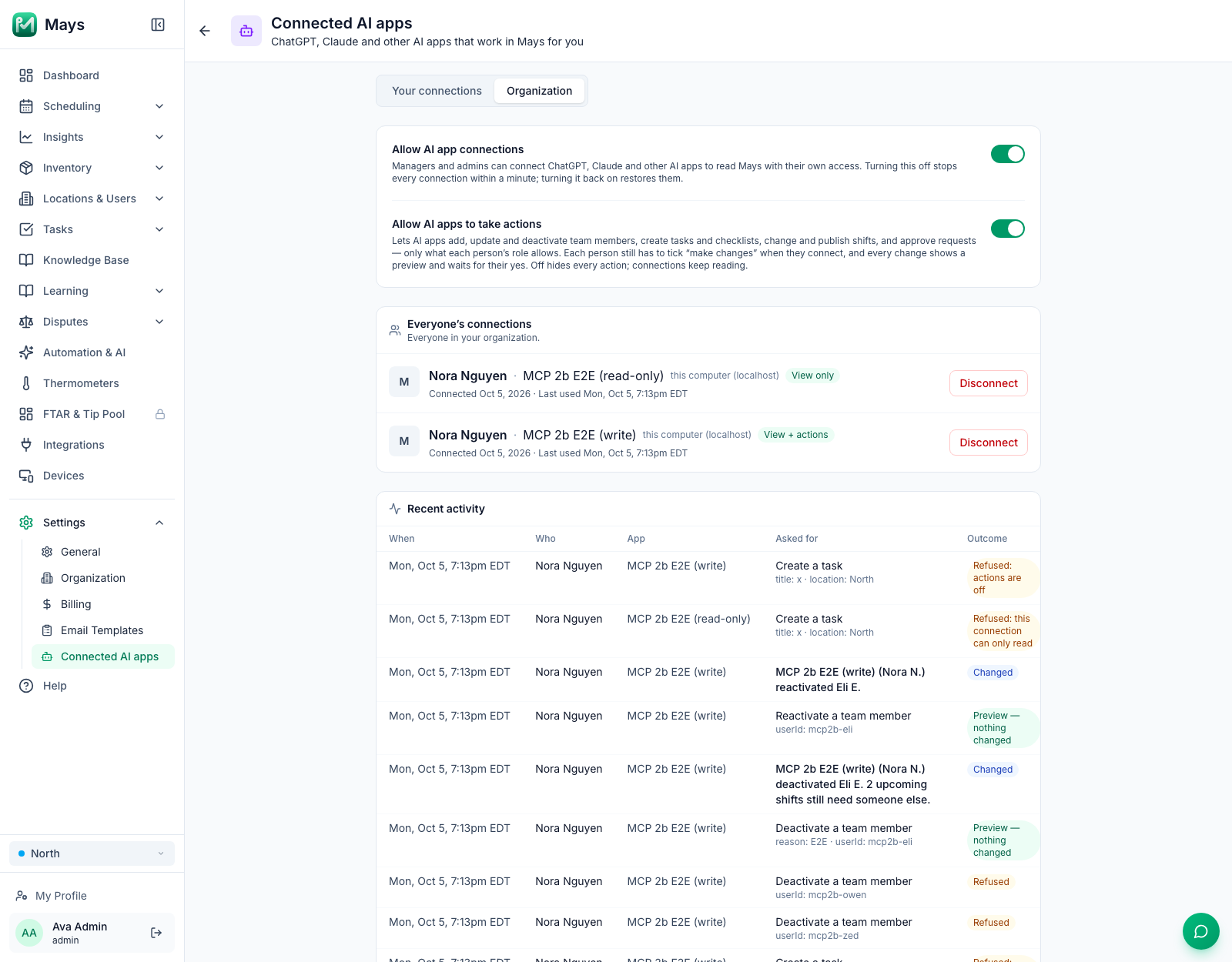 The Organization tab of Settings → Connected AI apps: the Allow AI app connections and Allow AI apps to take actions switches turned on, Everyone's connections with each person and app and a Disconnect button, and Recent activity with who asked what and when, including changes such as Claude deactivating a team member