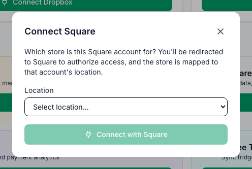 The Connect Square window: Which store is this Square account for? You'll be redirected to Square to authorize access, and the store is mapped to that account's location, with the Location list and the Connect with Square button