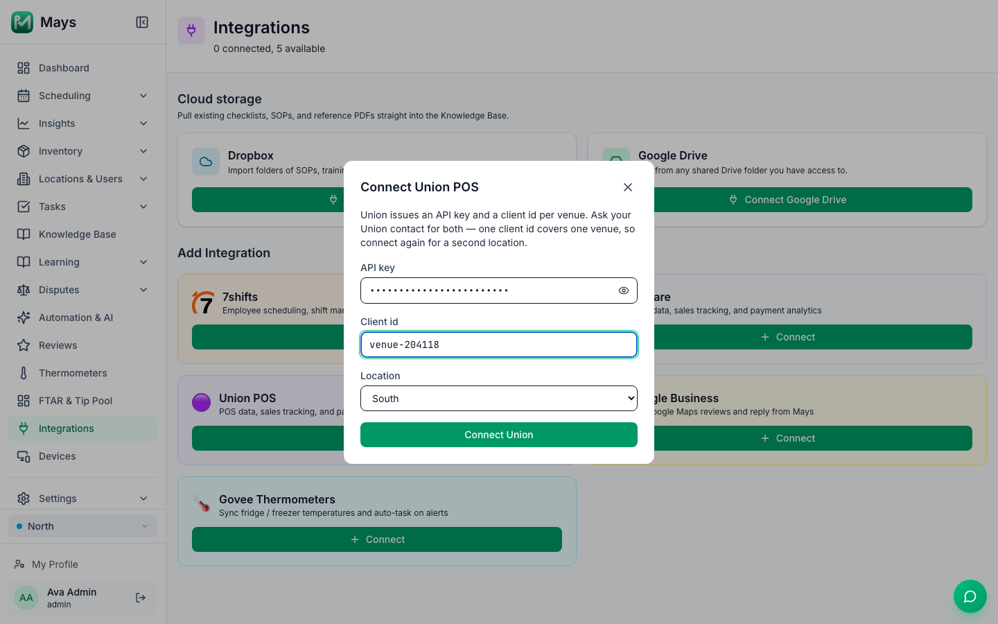 The Connect Union POS window: Union issues an API key and a client id per venue. Ask your Union contact for both — one client id covers one venue, so connect again for a second location, with the API key hidden, the Client id box, the Location list set to South and the Connect Union button