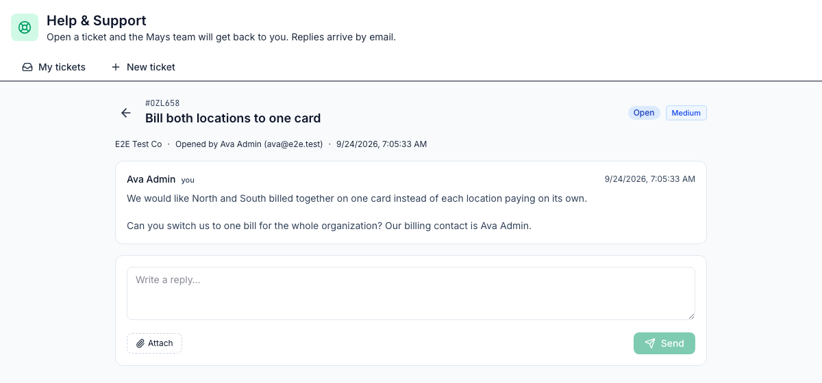 A ticket: #0ZL658 Bill both locations to one card, marked Open and Medium, opened by Ava Admin, with the description and the Write a reply box, Attach and Send