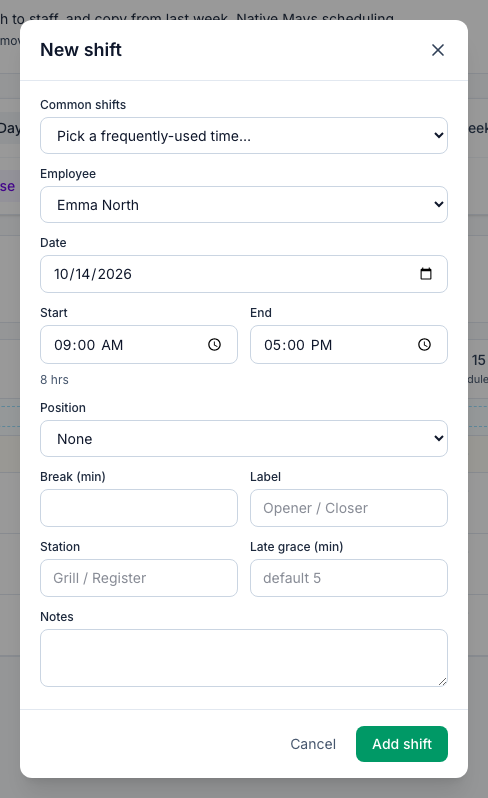 The New shift dialog with the Common shifts list at the top (Pick a frequently-used time…), then Employee Emma North, Date 10/14/2026, Start 9:00 AM, End 5:00 PM, 8 hrs, Position, Break, Label, Station, Late grace and Notes, and the Cancel and Add shift buttons