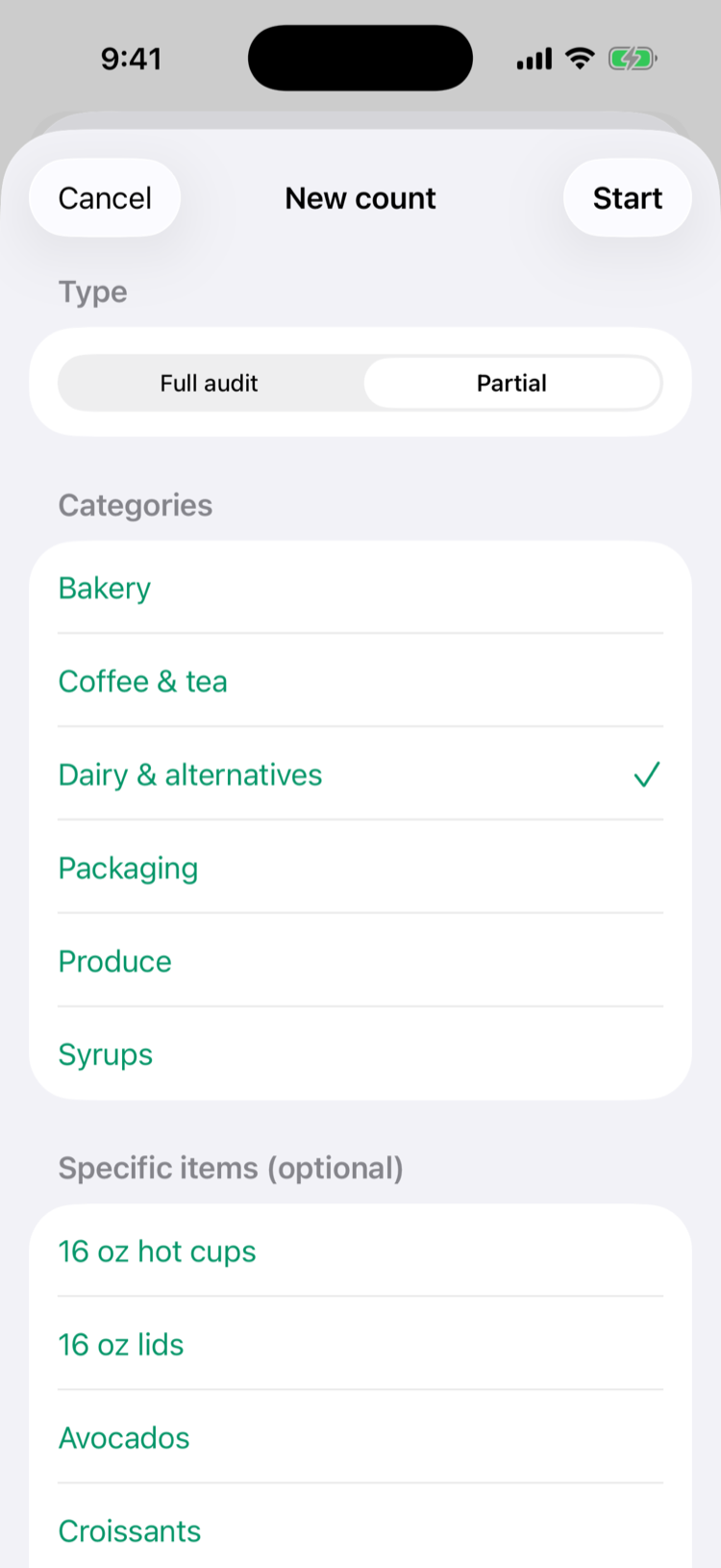 The New count sheet on iPhone with Partial selected, Dairy & alternatives ticked among the categories, and the list of specific items below