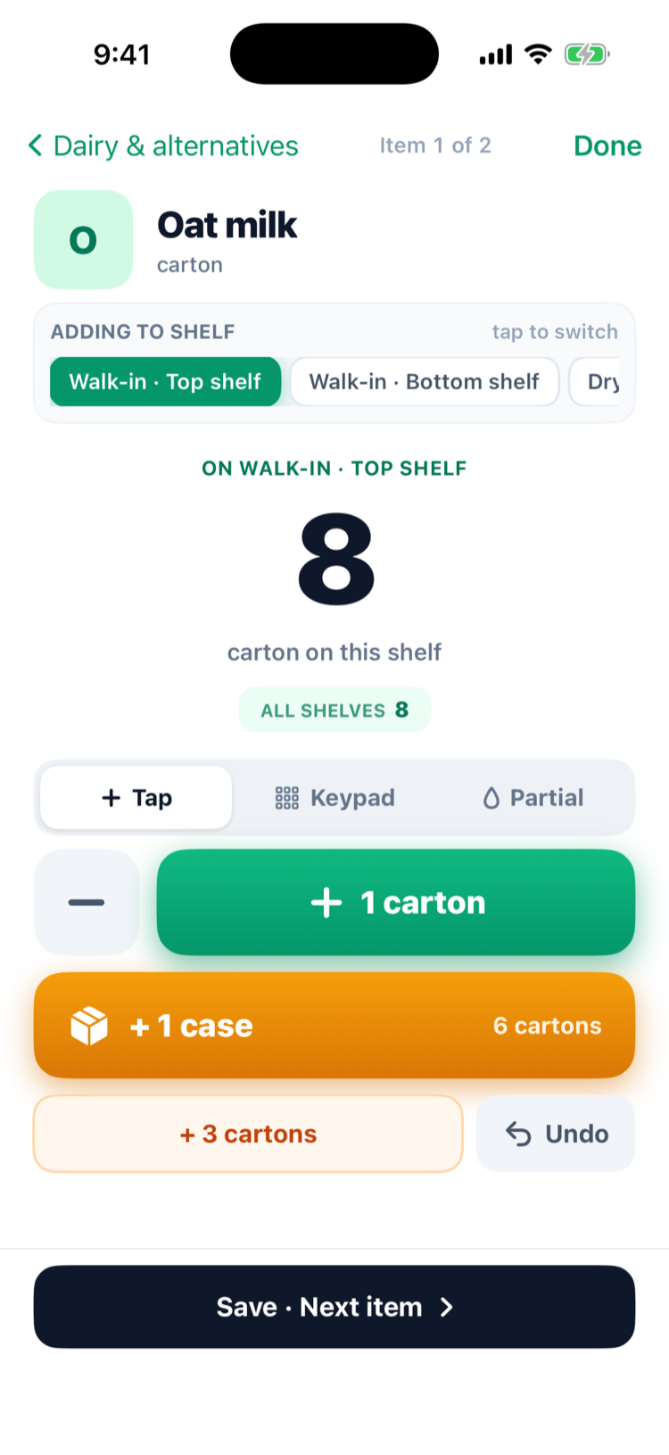Counting Oat milk on the Walk-in · Top shelf in Tap mode: 8 cartons on this shelf, All shelves 8, with the + 1 carton, + 1 case (6 cartons), + 3 cartons and Undo buttons and Save · Next item