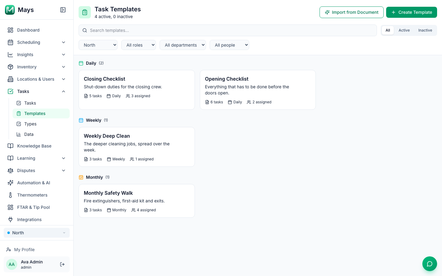 The Task Templates page with search, the status and location filters and four templates grouped under Daily, Weekly and Monthly, each showing its task count, frequency and how many assignments it has