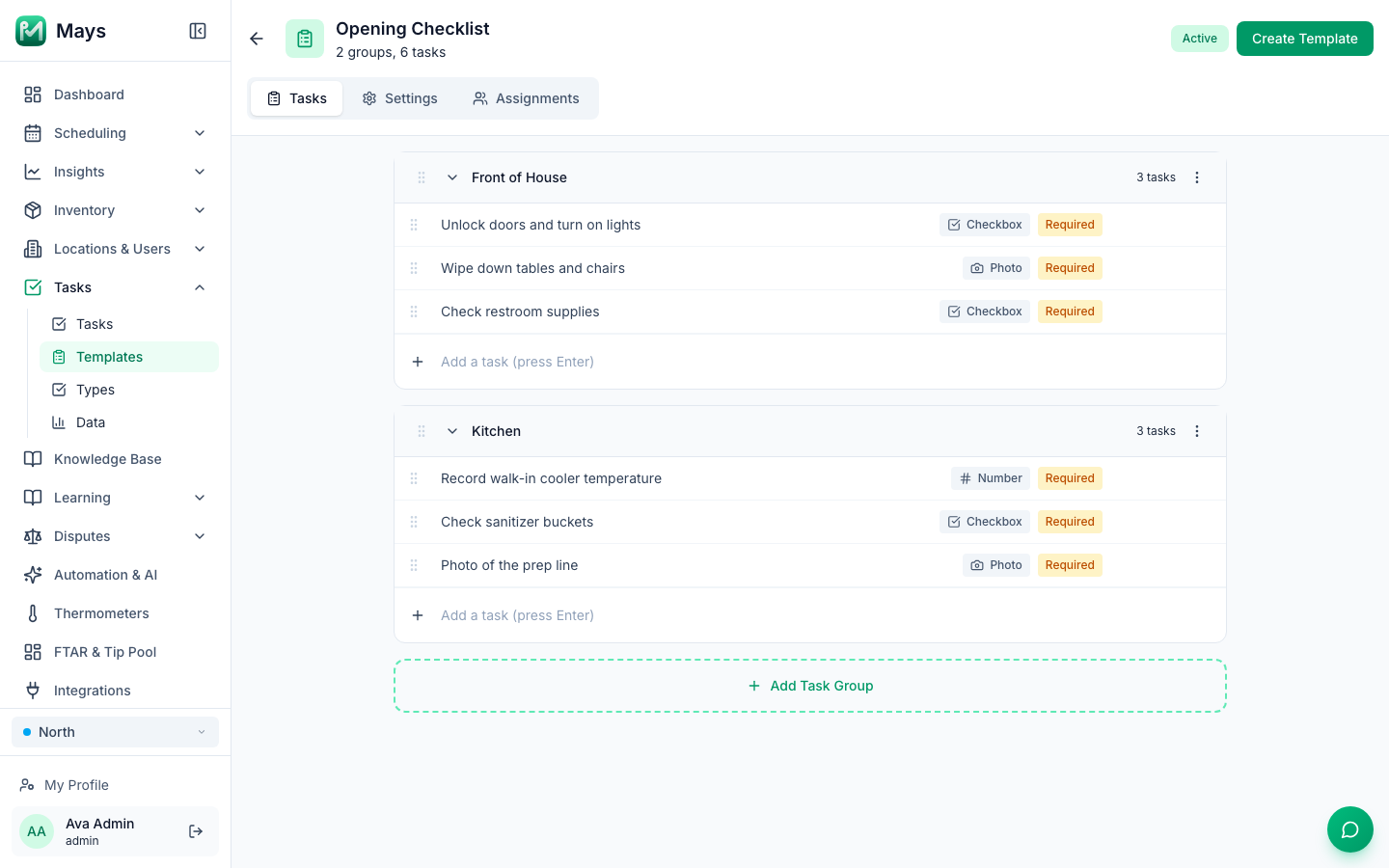The template editor's Tasks tab: a Front of House group and a Kitchen group, each task with its answer type (Checkbox, Photo, Number) and a Required tag, and the Add Task Group button