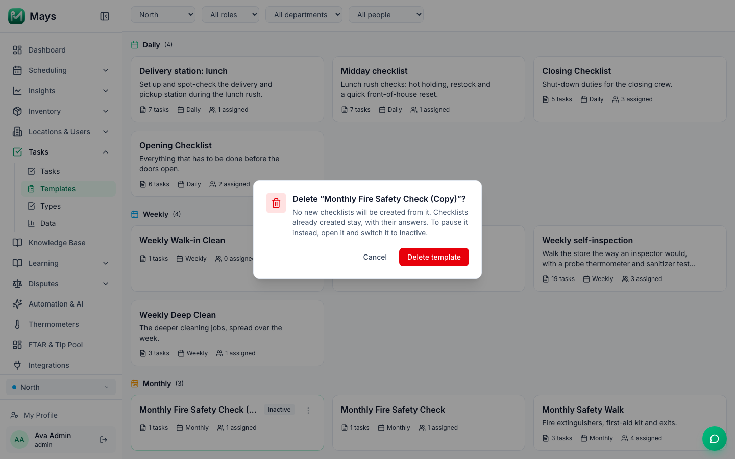 The Delete “Monthly Fire Safety Check (Copy)”? box on the Task Templates page, with Cancel and Delete template buttons