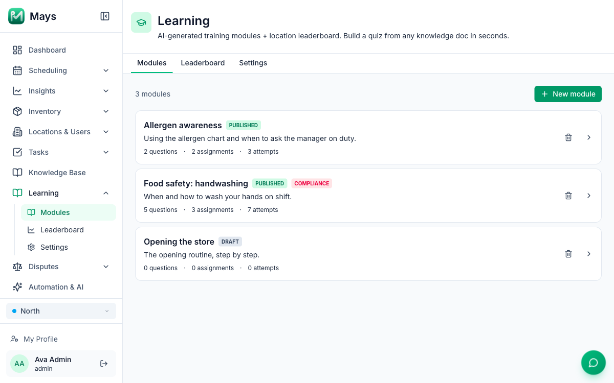The Learning page in Mays with three training modules: Allergen awareness and Food safety: handwashing, both published, the second tagged Compliance, and Opening the store as a draft.