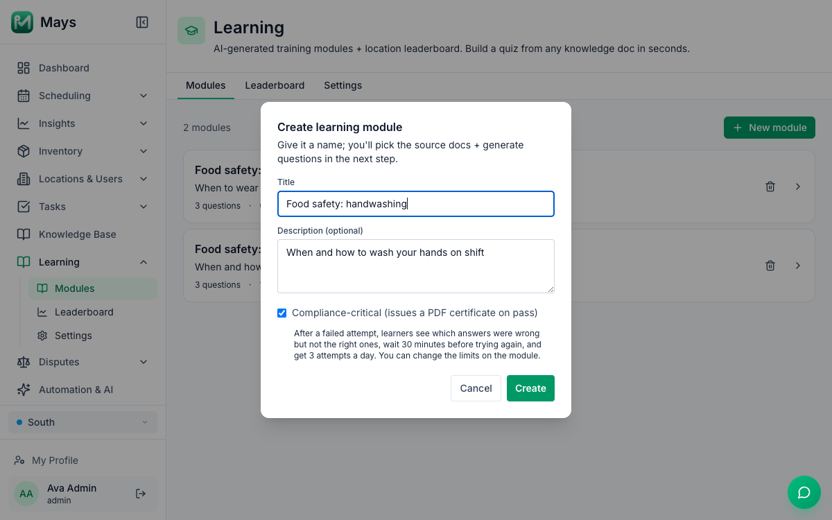 The Create learning module window with the title Food safety: handwashing, the description When and how to wash your hands on shift, the Compliance-critical box ticked with the note that after a failed attempt learners see which answers were wrong but not the right ones, wait 30 minutes before trying again and get 3 attempts a day, and the Create button