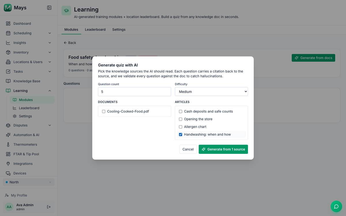 The Generate quiz with AI window: Question count 5, Difficulty Medium, the document Cooling-Cooked-Food.pdf, and four articles with Handwashing: when and how ticked, and the Generate from 1 source button