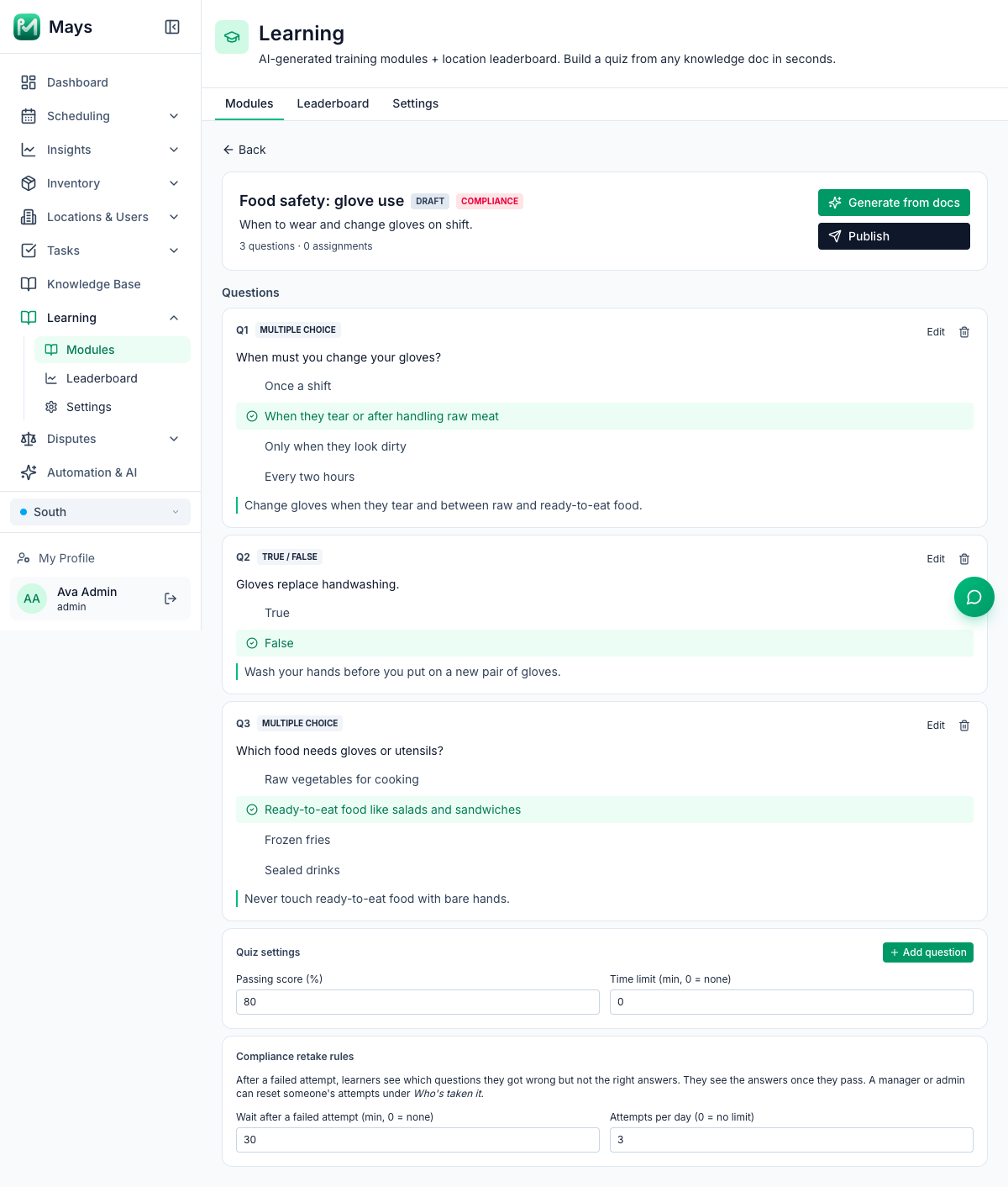 A draft compliance module, Food safety: glove use, with the Draft and Compliance tags and the Generate from docs and Publish buttons, three questions with the correct answer highlighted and an explanation under each, Quiz settings with Passing score 80 and Time limit 0, and Compliance retake rules with Wait after a failed attempt 30 and Attempts per day 3